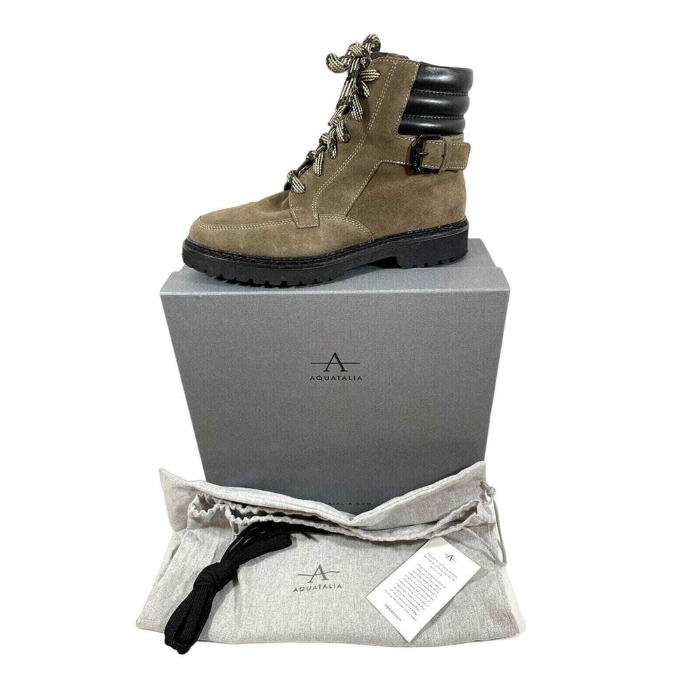 Aquatalia Mayra Suede Leather Side Zip Lace Up Weatherproof Taupe Black Boots 7M